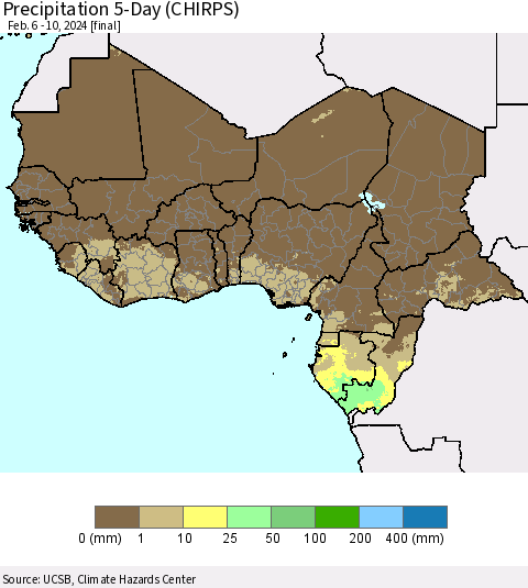 Western Africa Precipitation 5-Day (CHIRPS) Thematic Map For 2/6/2024 - 2/10/2024