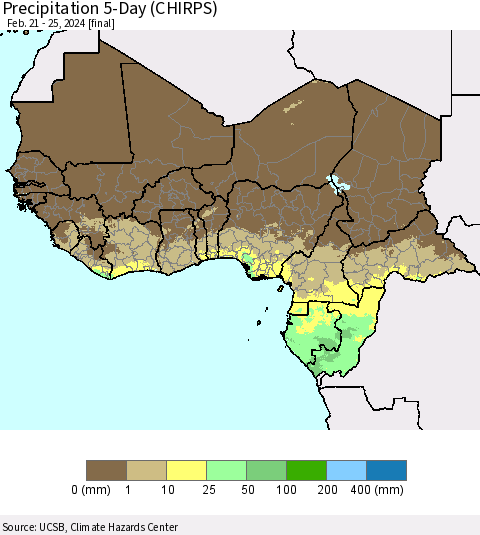 Western Africa Precipitation 5-Day (CHIRPS) Thematic Map For 2/21/2024 - 2/25/2024