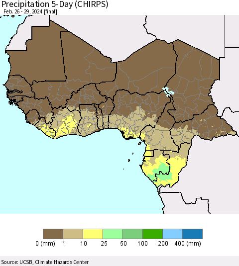 Western Africa Precipitation 5-Day (CHIRPS) Thematic Map For 2/26/2024 - 2/29/2024