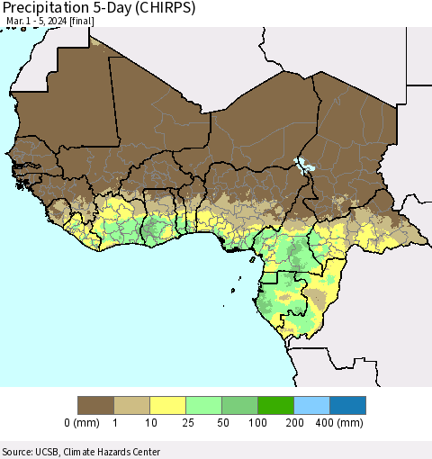 Western Africa Precipitation 5-Day (CHIRPS) Thematic Map For 3/1/2024 - 3/5/2024