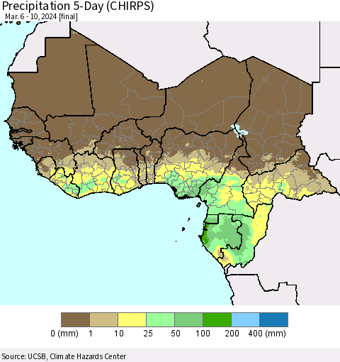 Western Africa Precipitation 5-Day (CHIRPS) Thematic Map For 3/6/2024 - 3/10/2024