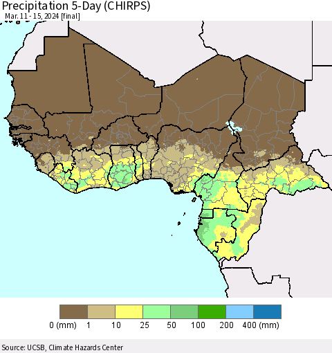 Western Africa Precipitation 5-Day (CHIRPS) Thematic Map For 3/11/2024 - 3/15/2024