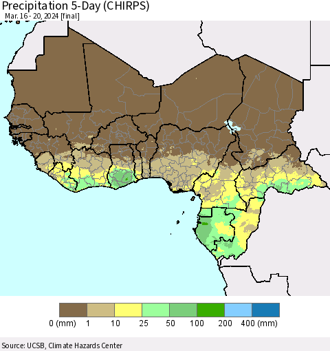Western Africa Precipitation 5-Day (CHIRPS) Thematic Map For 3/16/2024 - 3/20/2024
