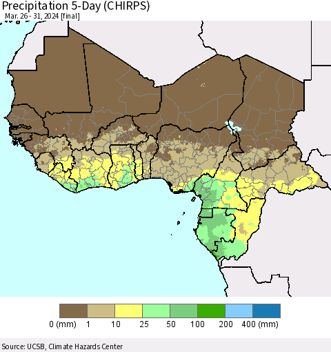 Western Africa Precipitation 5-Day (CHIRPS) Thematic Map For 3/26/2024 - 3/31/2024