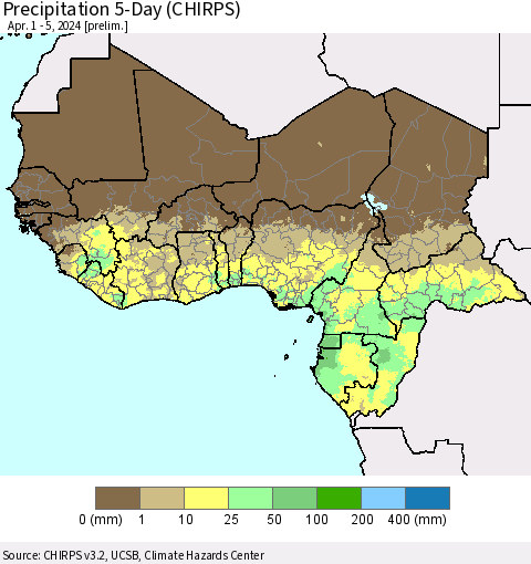 Western Africa Precipitation 5-Day (CHIRPS) Thematic Map For 4/1/2024 - 4/5/2024