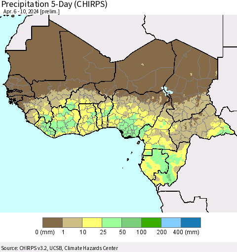 Western Africa Precipitation 5-Day (CHIRPS) Thematic Map For 4/6/2024 - 4/10/2024