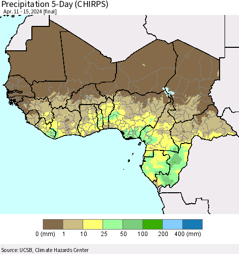 Western Africa Precipitation 5-Day (CHIRPS) Thematic Map For 4/11/2024 - 4/15/2024