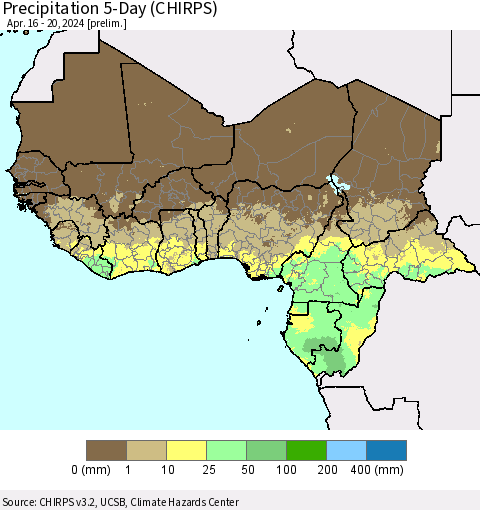 Western Africa Precipitation 5-Day (CHIRPS) Thematic Map For 4/16/2024 - 4/20/2024