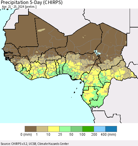 Western Africa Precipitation 5-Day (CHIRPS) Thematic Map For 4/21/2024 - 4/25/2024