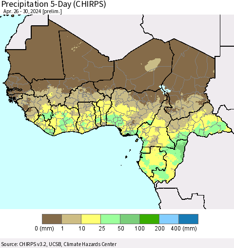 Western Africa Precipitation 5-Day (CHIRPS) Thematic Map For 4/26/2024 - 4/30/2024