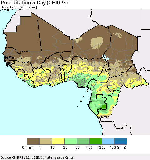 Western Africa Precipitation 5-Day (CHIRPS) Thematic Map For 5/1/2024 - 5/5/2024
