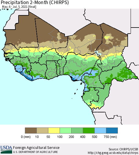 Western Africa Precipitation 2-Month (CHIRPS) Thematic Map For 5/6/2021 - 7/5/2021