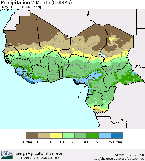 Western Africa Precipitation 2-Month (CHIRPS) Thematic Map For 5/11/2021 - 7/10/2021