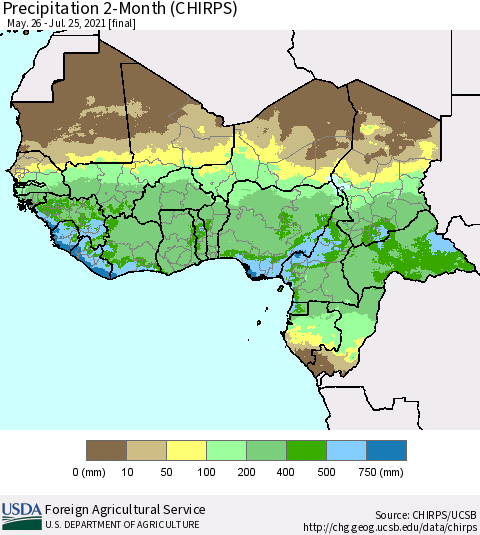 Western Africa Precipitation 2-Month (CHIRPS) Thematic Map For 5/26/2021 - 7/25/2021
