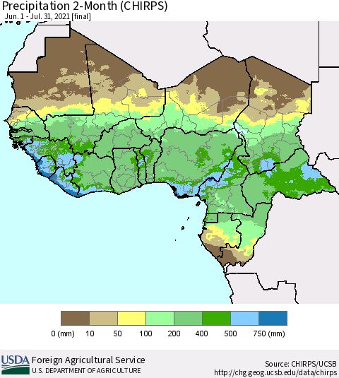 Western Africa Precipitation 2-Month (CHIRPS) Thematic Map For 6/1/2021 - 7/31/2021