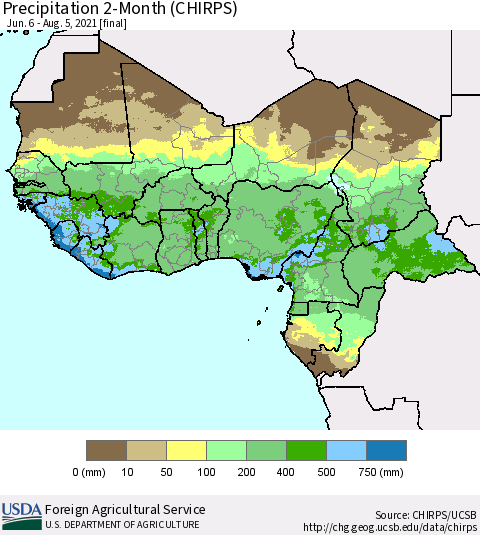 Western Africa Precipitation 2-Month (CHIRPS) Thematic Map For 6/6/2021 - 8/5/2021