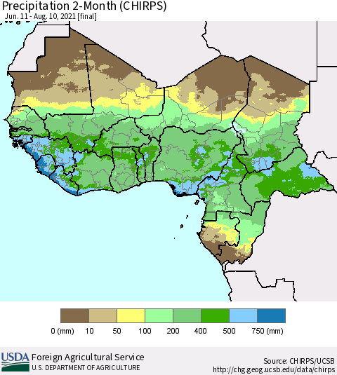 Western Africa Precipitation 2-Month (CHIRPS) Thematic Map For 6/11/2021 - 8/10/2021