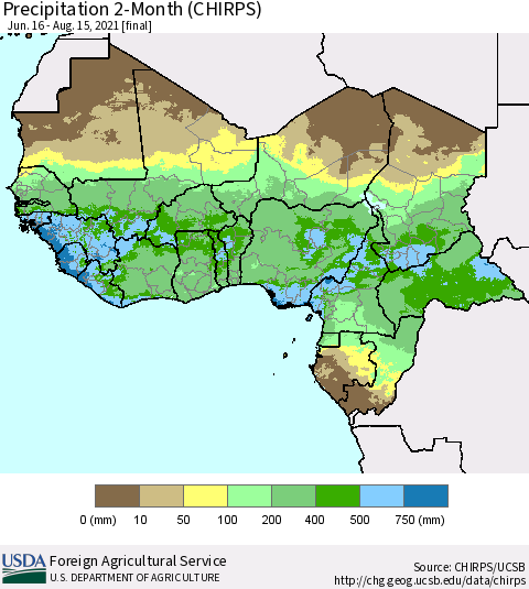 Western Africa Precipitation 2-Month (CHIRPS) Thematic Map For 6/16/2021 - 8/15/2021