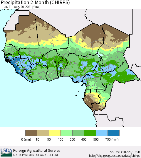Western Africa Precipitation 2-Month (CHIRPS) Thematic Map For 6/21/2021 - 8/20/2021