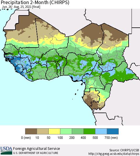 Western Africa Precipitation 2-Month (CHIRPS) Thematic Map For 6/26/2021 - 8/25/2021