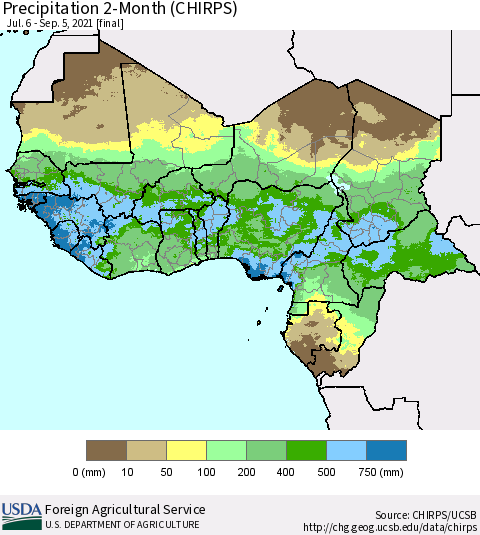 Western Africa Precipitation 2-Month (CHIRPS) Thematic Map For 7/6/2021 - 9/5/2021