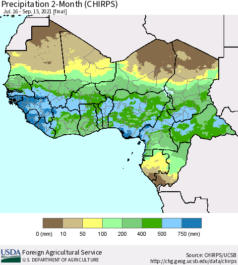 Western Africa Precipitation 2-Month (CHIRPS) Thematic Map For 7/16/2021 - 9/15/2021