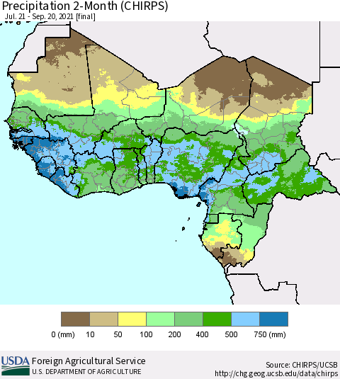Western Africa Precipitation 2-Month (CHIRPS) Thematic Map For 7/21/2021 - 9/20/2021