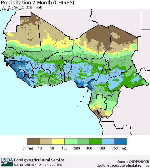 Western Africa Precipitation 2-Month (CHIRPS) Thematic Map For 7/26/2021 - 9/25/2021