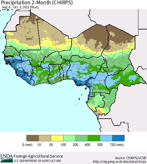 Western Africa Precipitation 2-Month (CHIRPS) Thematic Map For 8/6/2021 - 10/5/2021