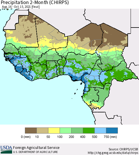 Western Africa Precipitation 2-Month (CHIRPS) Thematic Map For 8/16/2021 - 10/15/2021