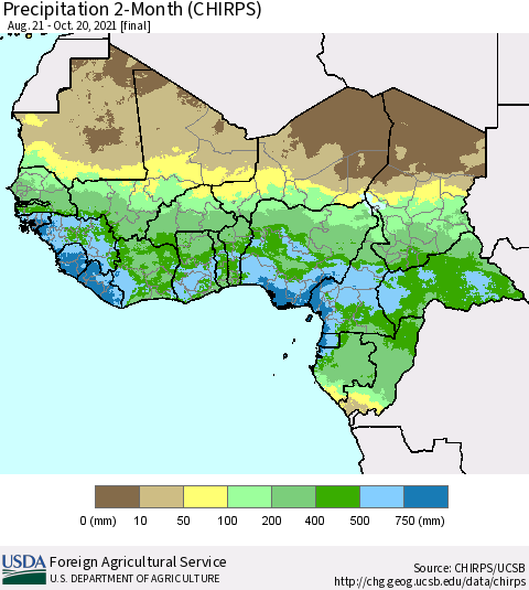 Western Africa Precipitation 2-Month (CHIRPS) Thematic Map For 8/21/2021 - 10/20/2021
