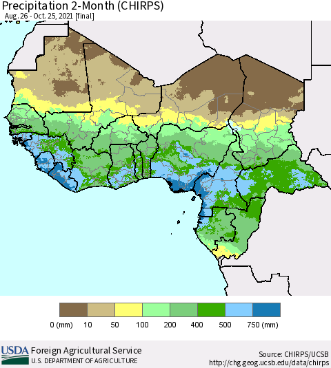 Western Africa Precipitation 2-Month (CHIRPS) Thematic Map For 8/26/2021 - 10/25/2021