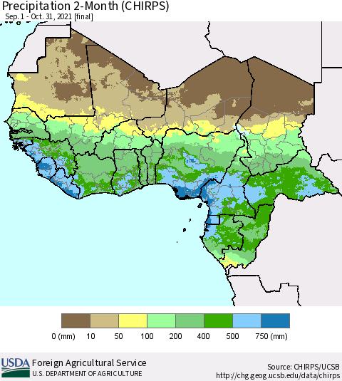 Western Africa Precipitation 2-Month (CHIRPS) Thematic Map For 9/1/2021 - 10/31/2021
