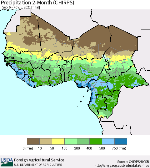 Western Africa Precipitation 2-Month (CHIRPS) Thematic Map For 9/6/2021 - 11/5/2021