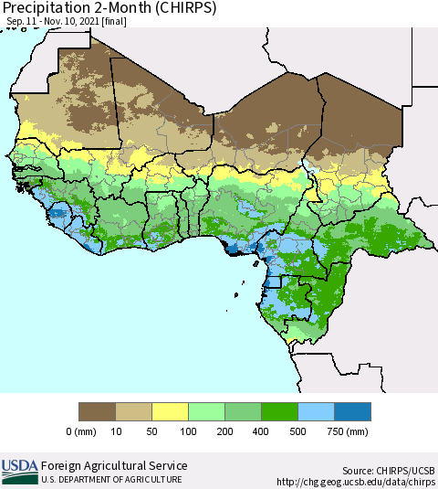 Western Africa Precipitation 2-Month (CHIRPS) Thematic Map For 9/11/2021 - 11/10/2021