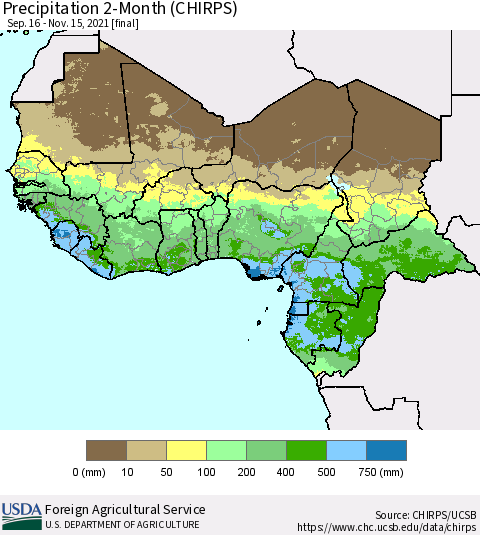 Western Africa Precipitation 2-Month (CHIRPS) Thematic Map For 9/16/2021 - 11/15/2021