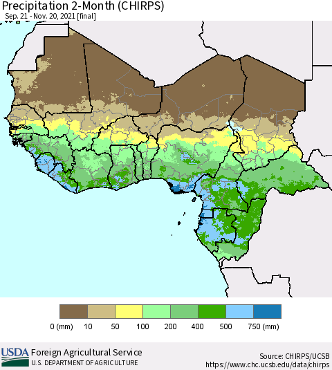 Western Africa Precipitation 2-Month (CHIRPS) Thematic Map For 9/21/2021 - 11/20/2021