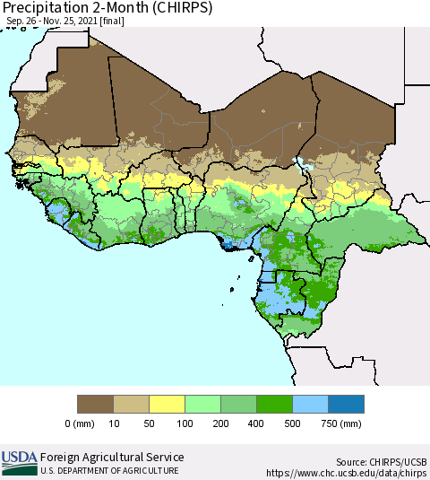 Western Africa Precipitation 2-Month (CHIRPS) Thematic Map For 9/26/2021 - 11/25/2021