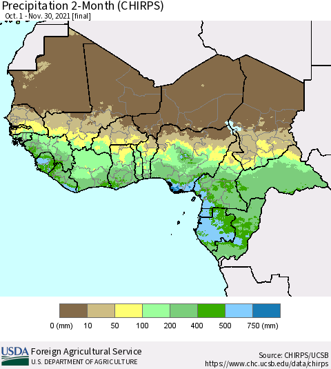 Western Africa Precipitation 2-Month (CHIRPS) Thematic Map For 10/1/2021 - 11/30/2021