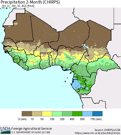 Western Africa Precipitation 2-Month (CHIRPS) Thematic Map For 10/11/2021 - 12/10/2021