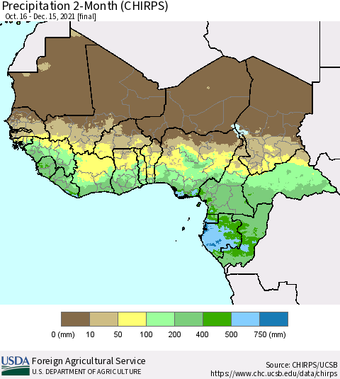 Western Africa Precipitation 2-Month (CHIRPS) Thematic Map For 10/16/2021 - 12/15/2021