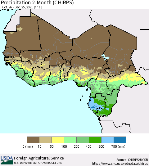 Western Africa Precipitation 2-Month (CHIRPS) Thematic Map For 10/26/2021 - 12/25/2021