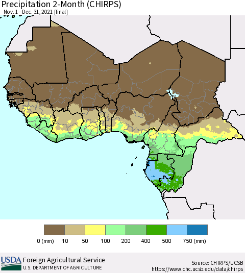 Western Africa Precipitation 2-Month (CHIRPS) Thematic Map For 11/1/2021 - 12/31/2021