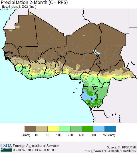 Western Africa Precipitation 2-Month (CHIRPS) Thematic Map For 11/6/2021 - 1/5/2022