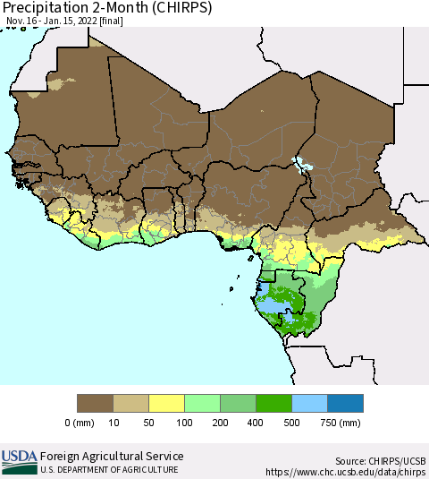Western Africa Precipitation 2-Month (CHIRPS) Thematic Map For 11/16/2021 - 1/15/2022