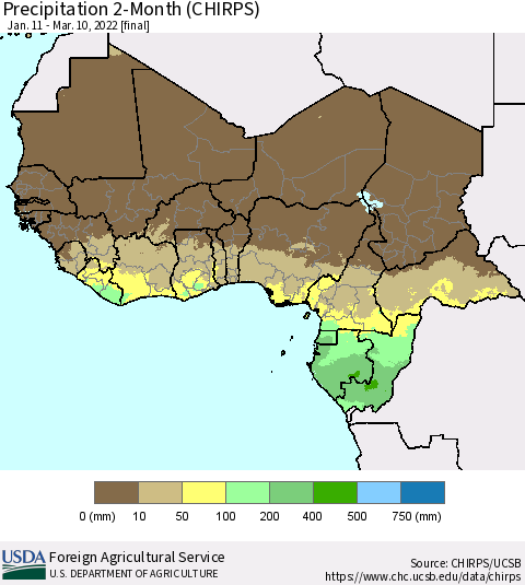 Western Africa Precipitation 2-Month (CHIRPS) Thematic Map For 1/11/2022 - 3/10/2022
