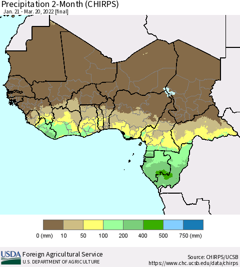 Western Africa Precipitation 2-Month (CHIRPS) Thematic Map For 1/21/2022 - 3/20/2022