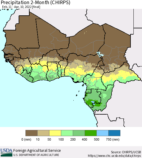 Western Africa Precipitation 2-Month (CHIRPS) Thematic Map For 2/11/2022 - 4/10/2022