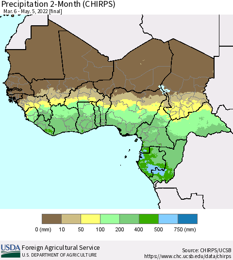 Western Africa Precipitation 2-Month (CHIRPS) Thematic Map For 3/6/2022 - 5/5/2022