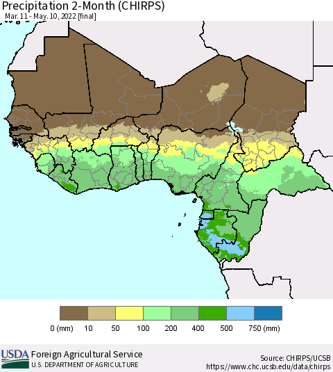 Western Africa Precipitation 2-Month (CHIRPS) Thematic Map For 3/11/2022 - 5/10/2022